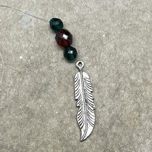 Feather Charm Suncatcher with Two Faceted Green Beads & One Faceted Amber Bead